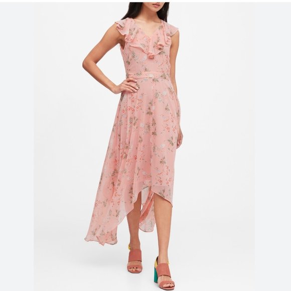 Banana Republic Pink Floral Handkerchief Hem Flowy Dress Tall/Long 12 Tall - Picture 1 of 9